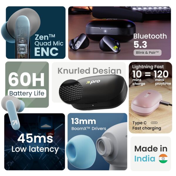 GOBOULT Y1 Pro Ear Buds Wireless 60H Playtime, 4 Mics Calling, 45ms Low Latency Gaming, Made in India,13mm Bass Driver Earbuds Buds TWS Bluetooth Wireless Earphone (Jet Black)