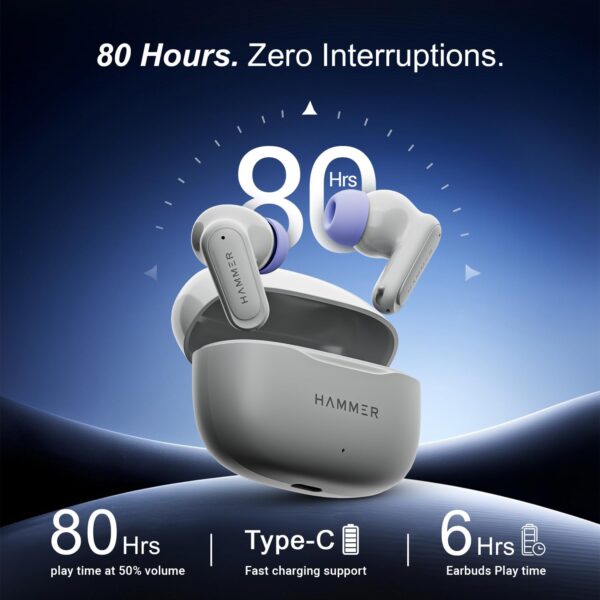 HAMMER Airflow Neo Earbuds with 80H Playtime, 13mm Titanium Driver, 40ms Gaming Mode, Fast Charging Buds, Type-C Charging, Voice Assistant, Lightweight Dual-Tone Design (Grey)