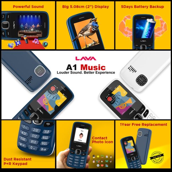 Lava A1 Music(Blue), Bluetooth Support, Smart AI Battery, Military Grade Certified,4 Days Battery Backup, Keypad Mobile