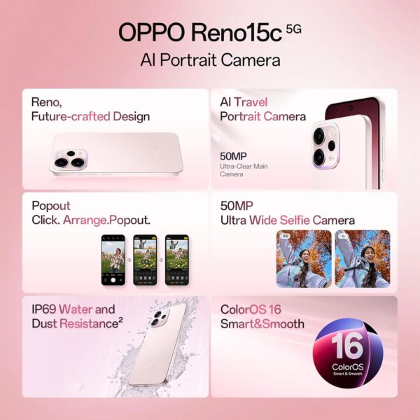 Oppo Reno15c 5G (Afterglow Pink, 8GB RAM, 256GB Storage) with No Cost EMI/Additional Exchange Offers