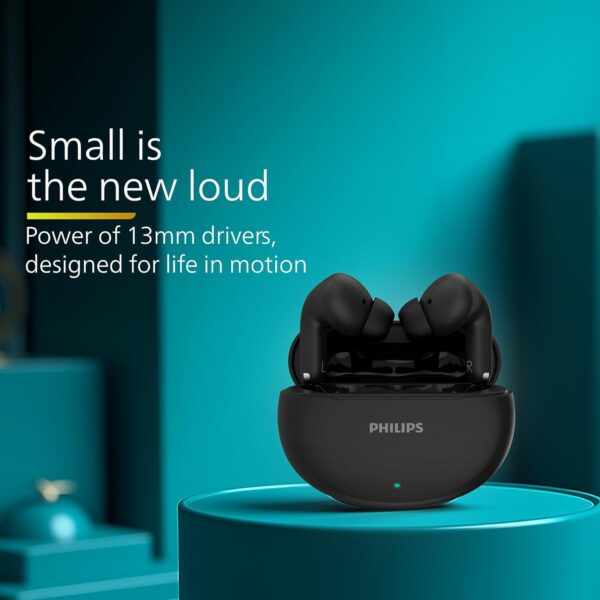 Philips TAT1269 Bluetooth Truly Wireless in Ear Earbuds with mic, 13mm Drivers, Bluetooth 5.4, 40H Playtime, IPX5, Fast Charging, Touch Controls, Voice Assistant, Mono Mode, LED Indicator (Deep Black)