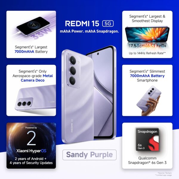 Redmi 15 5G Sandy Purple 6GB + 128GB | Segment's Largest 7000mAhA Battery | Segment's Largest Display 17.53cm(6.9) Up to 144Hz | Snapdragon 6s Gen 3 | 18W Reverse Charging | 50MP AI Dual Camera