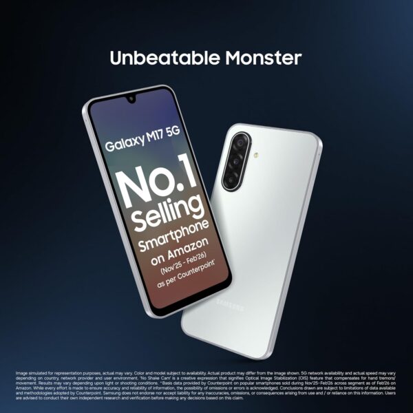 Samsung Galaxy M17 5G Mobile (Moonlight Silver, 4GB RAM, 128GB Storage) | 50MP OIS Triple Camera | Gorilla Glass Victus| IP54 | 6 Gen OS Upgrades | AI | Gemini Live | Lag-free Gaming | Without Charger