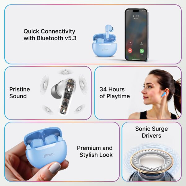 pTron Bassbuds Astra in-Ear TWS Earbuds w/Stereo Sound, 34Hrs Playtime, Stereo Calls, Custom EQ, Mobile App, BTv5.3 Headphones, Touch Control, Voice Assistant, Type C Charging & IPX4 (Light Blue)