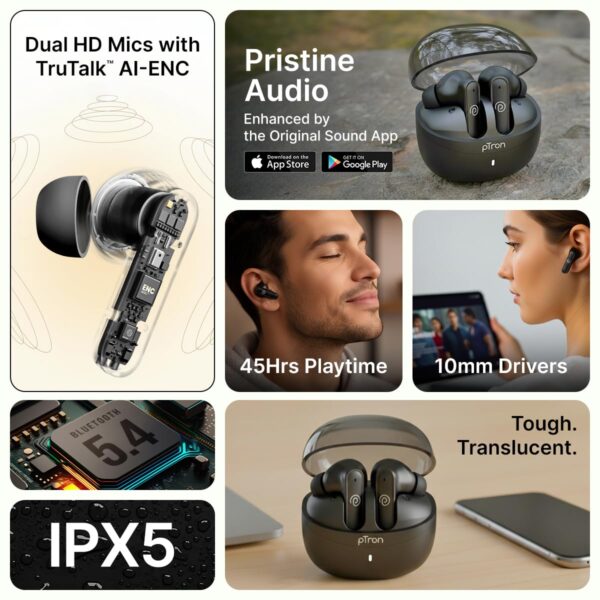 pTron Bassbuds Indie In-Ear TWS Earbuds w/ 10mm Drivers, 45Hrs Playtime, Dual HD Mic & AI-ENC Calls, Custom EQ, Mobile App, Bluetooth V5.4 Earphones, Voice Assistant, Type C Charging & IPX5(Jet Black)
