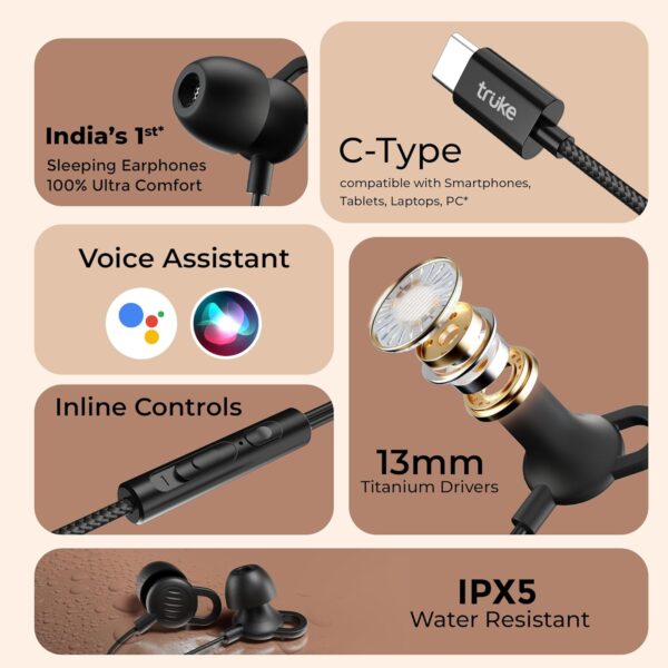 truke Bass S2 Sleeping Earphone Designed for Side Sleepers with Soft Silicone, 13mm Driver for Clear Audio, Type-C Jack, Noise-Reducing Fit, Lightweight & Durable TPE Wire for All-Night Comfort-Black