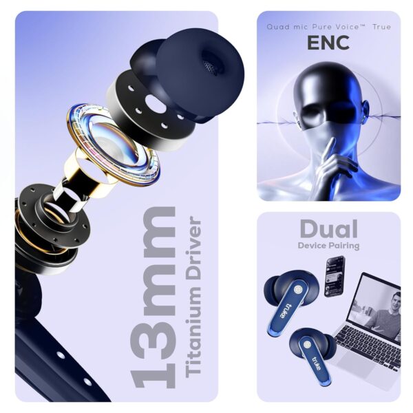 truke New Launch Mega 12 True Wireless in Ear Earbuds W/ 24-Bit Spatial Audio, Premium Leather Textured Design, 70H Playtime Fast Charge Buds, 13mm Drivers TWS, Low Latency, ENC (Indigo Blue)