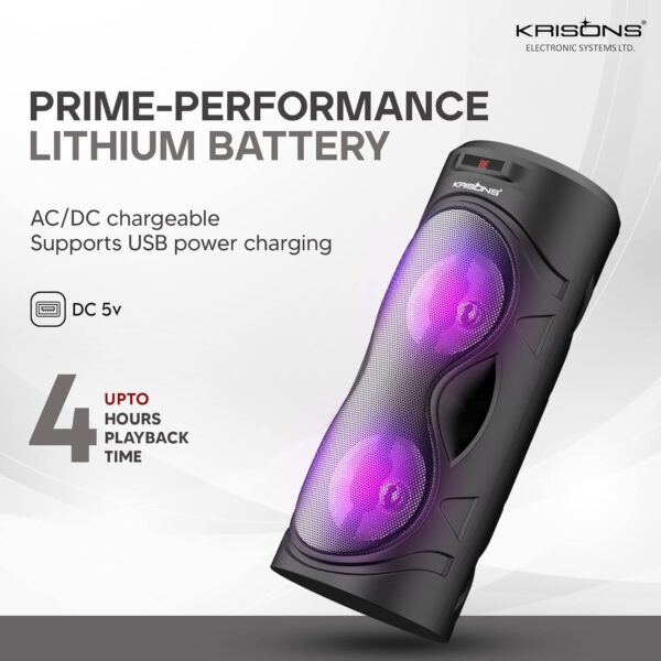 Krisons Cylender 4" Double Woofer 30W Multi-Media Bluetooth Party Speaker with Wired Mic for Karaoke,2400 MAH Battery, Digital Display,RGB Lights, USB, SD Card, FM Radio,Auto TWS Function & Remote