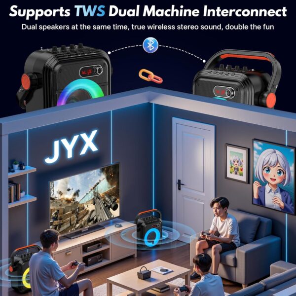 JYX Karaoke Machine with 2 Wireless Mics, RGB Light PA System, Bass & Treble Adjustment, Bluetooth Karaoke Speaker Supports Live Broadcast, Monitoring & Sound Effects, for Home Party Outdoor (Black)