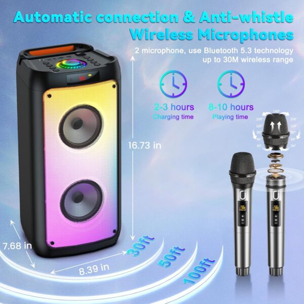JYX 260W Trolley Party Speaker, 12 Hours Playtime with 2 UHF Wireless Mics, Bluetooth v5.3, Karaoke Party Box, TWS, 6.35mm Guitar Mic Inputs & 7 Band EQ Control, AUX & USB Type-C Port, RGB LED Lights