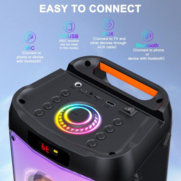 JYX 260W Trolley Party Speaker, 12 Hours Playtime with 2 UHF Wireless Mics, Bluetooth v5.3, Karaoke Party Box, TWS, 6.35mm Guitar Mic Inputs & 7 Band EQ Control, AUX & USB Type-C Port, RGB LED Lights