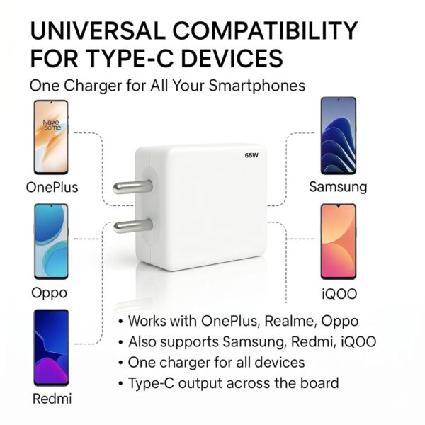 65W Fast Charger Adapter & USB-A to Type C Cable Combo, Compatible with OnePlus, Realme, Xiaomi, Redmi, Oppo, Vivo & Other Smartphones, Type C Charger Supports Dash, Warp, Vooc,Super Vooc