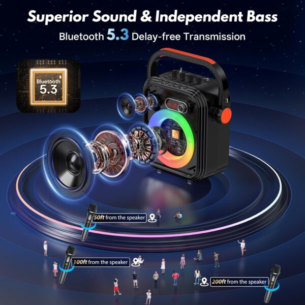 JYX Karaoke Machine with 2 Wireless Mics, RGB Light PA System, Bass & Treble Adjustment, Bluetooth Karaoke Speaker Supports Live Broadcast, Monitoring & Sound Effects, for Home Party Outdoor (Black)