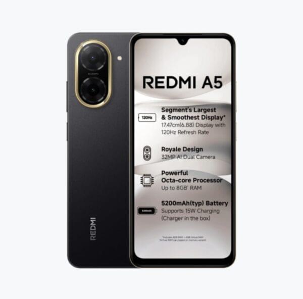 Redmi A5 Smartphone (3GB RAM, 64GB Storage) Just Black | 6.88" 120Hz Display | 5200mAh Battery | Expandable Storage up to 2TB