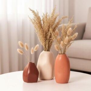 PUREZENTO Rustic Ceramic Bud Vase Set of 3 for Home Decor – Decorative Flower Vase for Living Room, Tabletop, Bookshelf & Pampas Grass