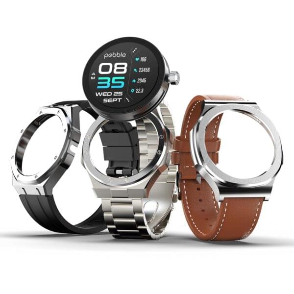 Pebble Shuffle 1.43" AMOLED Smartwatch with 3 Interchangeable Dials & Straps Bluetooth Calling, Health Monitoring, Premium Metal Body