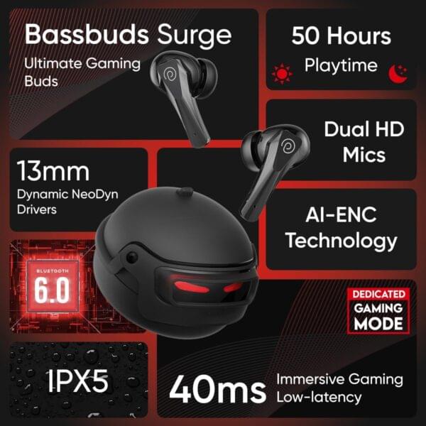 pTron Bassbuds Surge TWS Gaming Earbuds, 40ms Low-Latency, 50Hrs Playtime, Custom EQ, App Support, Dual Mic TruTalk AI-ENC Clear Calls, Pristine Sound, Bluetooth V6.0, IPX5 Water Resistant (Jet Black)